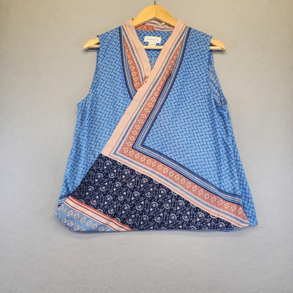Liz Claiborne Blue Mixed Print Sleeveless Wrap Blouse Boho V-Neck Top Large L